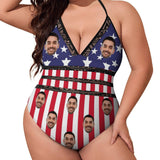 #Plus-Size Swimsuit-Custom Face American Flag Swimsuits Personalized Women's New Strap One Piece Bathing Suit Celebrate Holiday
