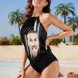 Custom Face American Flag Black Womens Sexy Halter Tummy Control Swimsuit Tankini Top Set