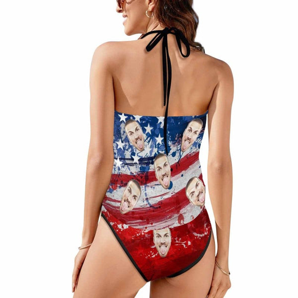Custom Face American Flag Splash Ink Womens Sexy Halter Tummy Control Swimsuit Tankini