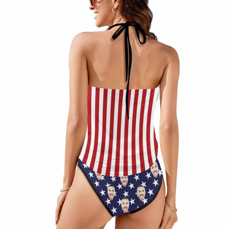 Custom Face American Flag Womens Sexy Halter Tummy Control Swimsuit Tankini Top Sets