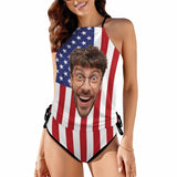 Custom Face Flag USA Womens Sexy Halter Tummy Control Swimsuit Tankini Top Set