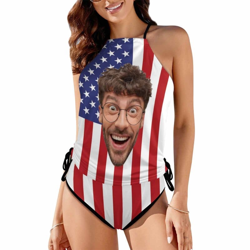Custom Face Flag USA Womens Sexy Halter Tummy Control Swimsuit Tankini Top Set