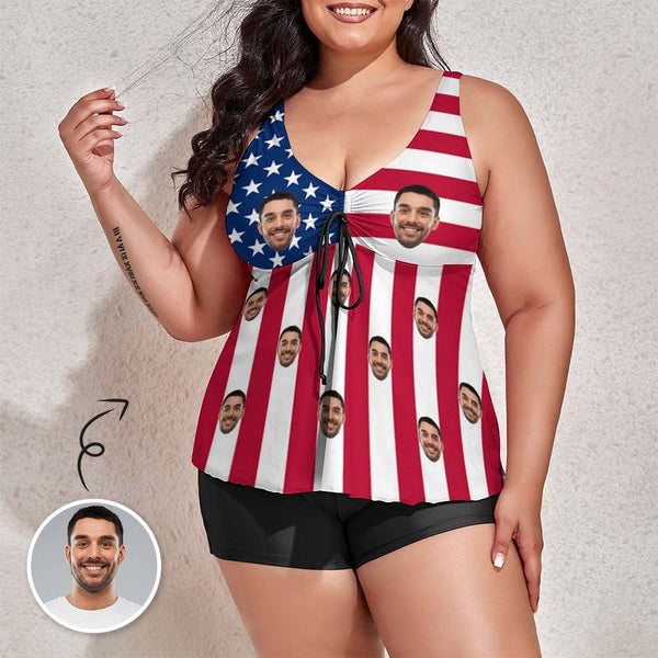 #Plus-Size American Tankini Swimdress 4th of July Boat Trip Beach Cruise Custom Face American Flag Swimsuit Personalized Tankini Bathing Suit For Women 2 Piece Swmsuit