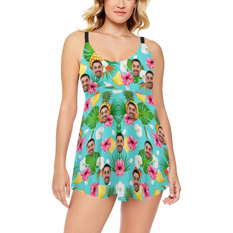 XS-5XL Full Size-Custom Two Piece Plus Size Tankini Bathing Suits with Boyshorts Swimsuit With Face Photo On It Pineapple Leaf Swimsuit