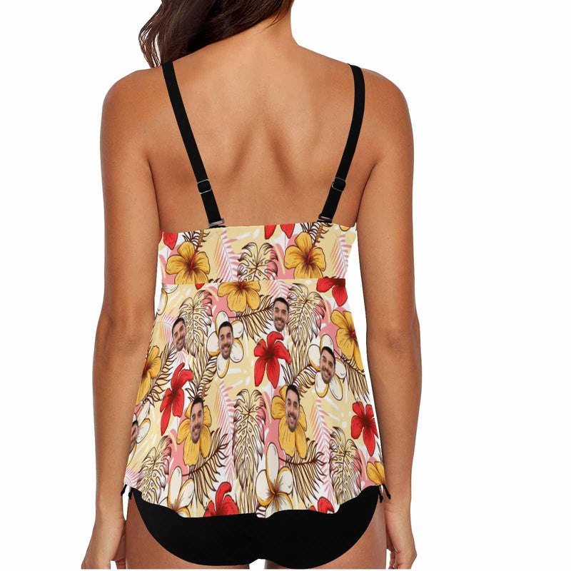 XS-5XL Full Size-Custom Two Piece Plus Size Tankini Bathing Suits with Boyshorts Swimsuit With Face Photo On It Flowers Swimsuit