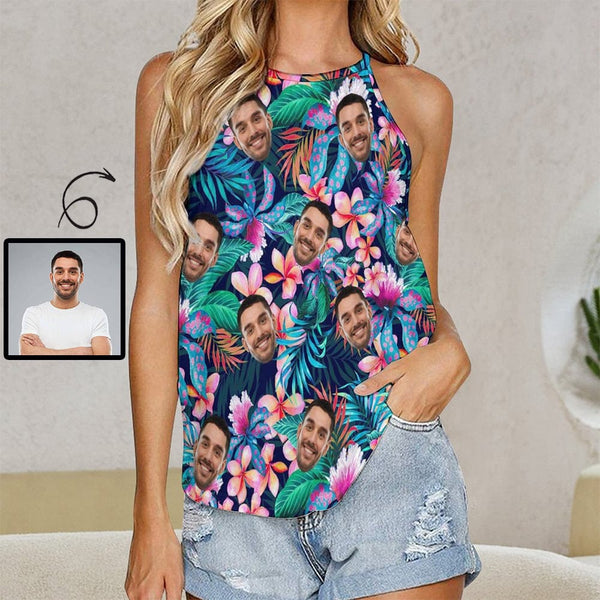Women Custom Face Tropical Plants Halterneck Strapless Shirt Photo Top